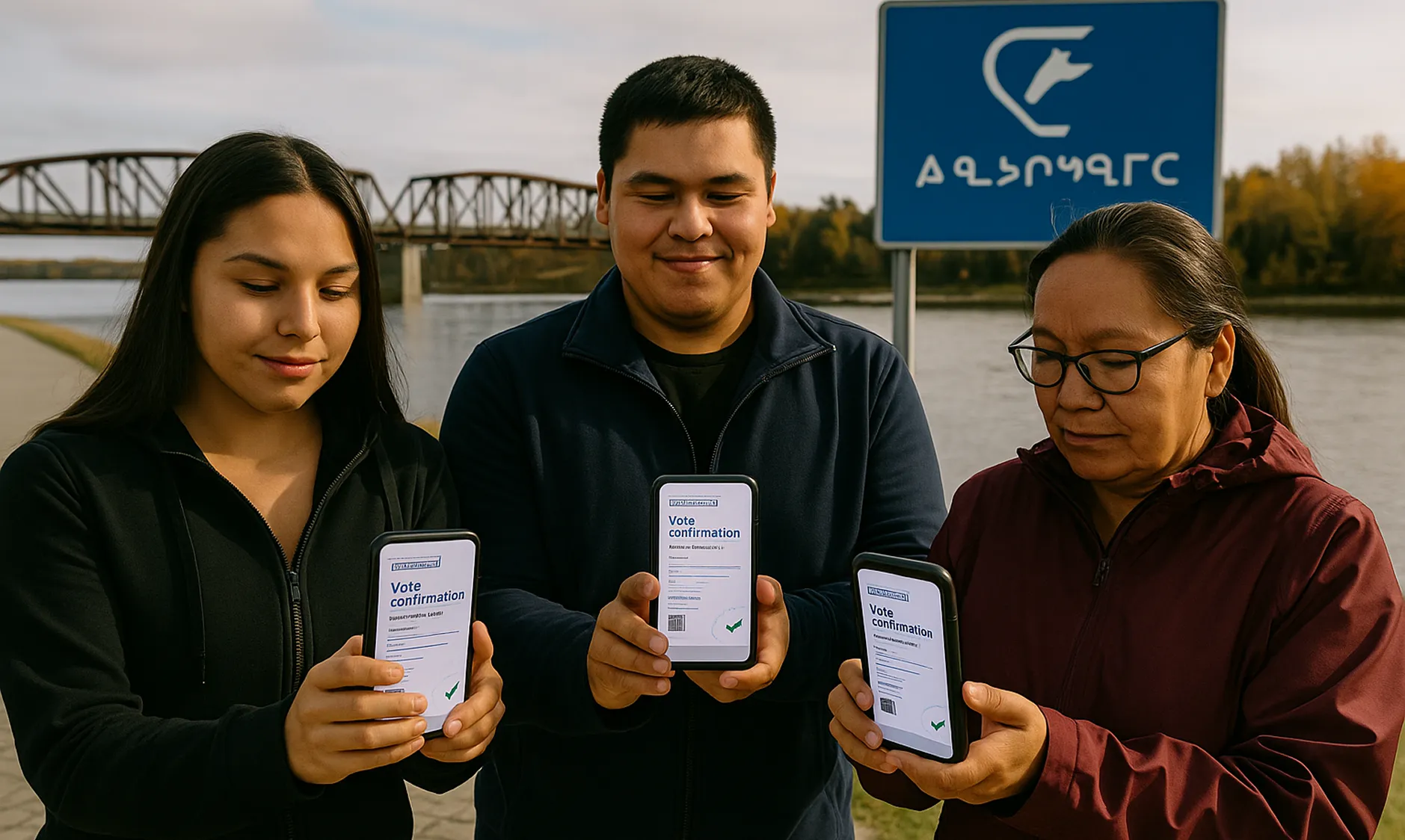 Three people by a river holding up phones that show a vote confirmation